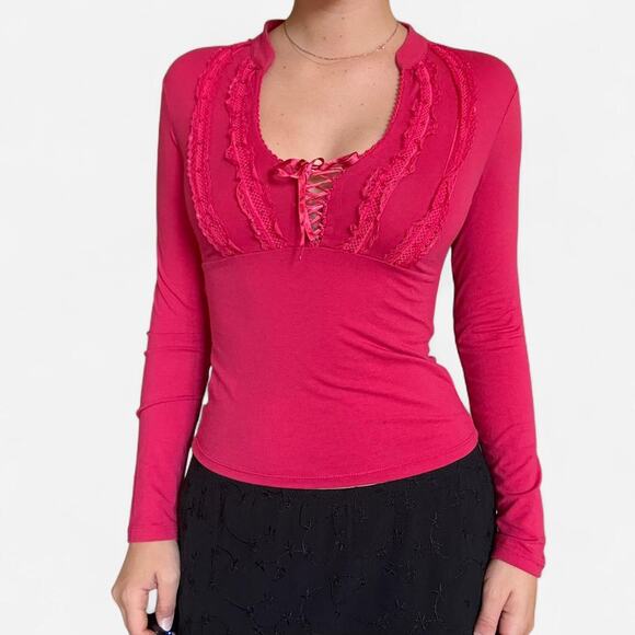 Pink lace up long sleeve top - Picture 1 of 4
